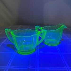 Vtg Green Uranium Vaseline Depression Glass Sugar Bowl & Creamer Set Glow Green